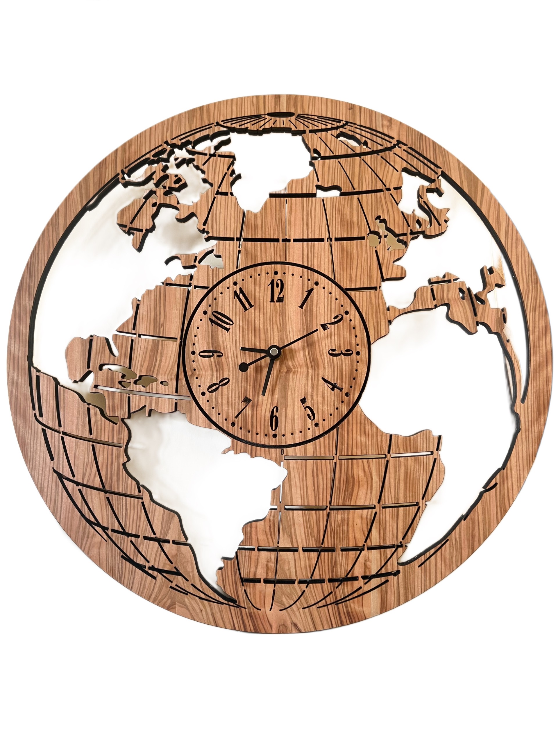 Orologio Mappa del Mondo in Ulivo Venato Pregiato